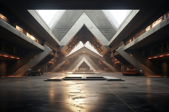 Futuristic concrete structure with a bright sky visible through the top.