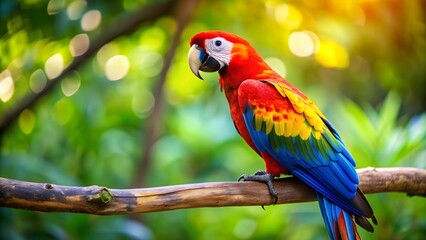 Vibrant parrot with a black beak perched on a branch, parrot, vibrant, colorful, feathers, tropical, wildlife, beautiful, perched