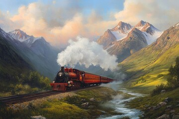 A train is traveling through a mountainous landscape