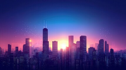 Fototapeta premium A vibrant city skyline at sunset, showcasing modern architecture and colorful lighting.