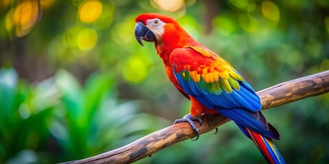 Obraz premium Vibrant parrot with a black beak perched on a branch, parrot, vibrant, colorful, feathers, tropical, wildlife, beautiful, perched