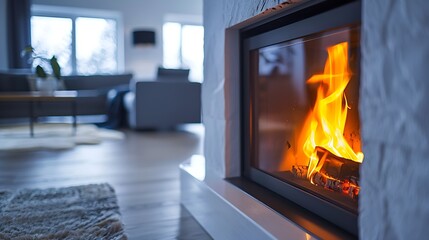 Fireplace on white wall in modern apartment : Generative AI