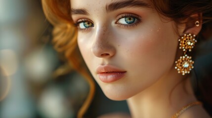 Fototapeta premium Beautiful young woman in luxury jewelry Gold earrings with precious stones and necklace : Generative AI