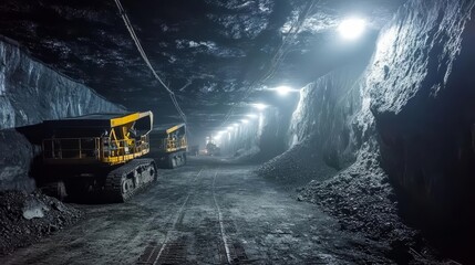 Empty coal mine with mining equipment, dimly lit by overhead lights, no people, Labor Day, tribute to miners