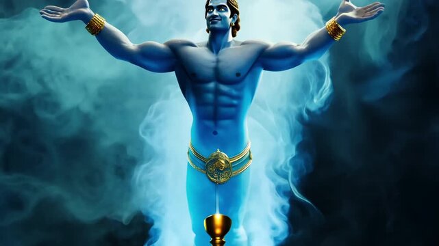 Magic Aladdin lamp. Gold magical oil lamp summon, control a wish granting Genie. Handsome blue powerful servant. Man emerges from ancient golden vessel ready to serve, grant wishes. Kid fairy tale.