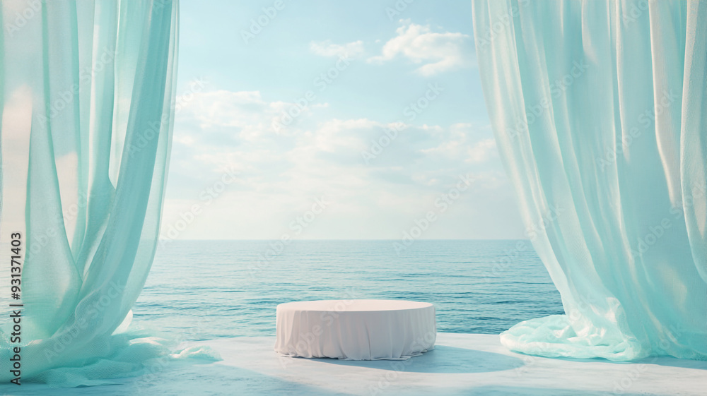 Poster serene ocean view with a circular platform under flowing curtains in a tranquil setting during dayli