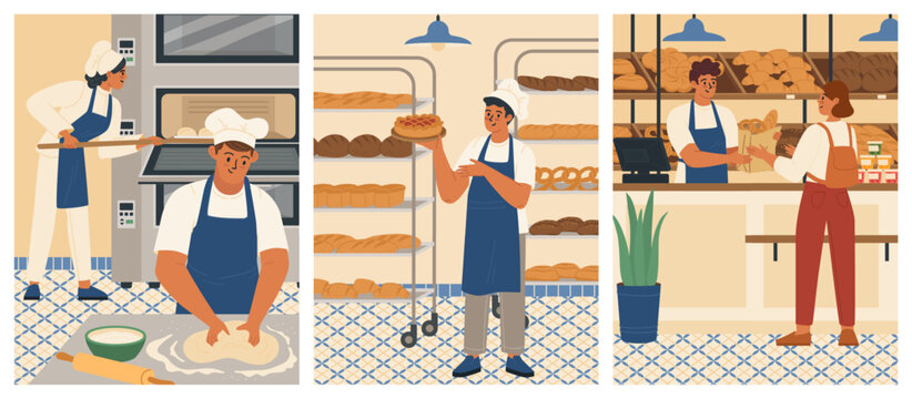 Bakers working at bakehouse vector scene set