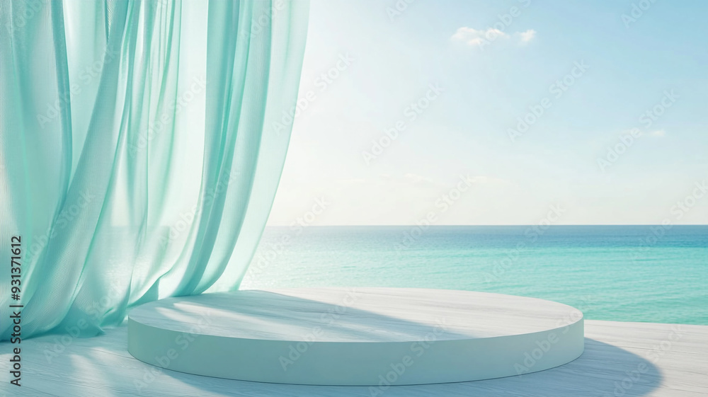 Poster a serene coastal setting with sheer turquoise curtains flowing in the gentle breeze against a backdr
