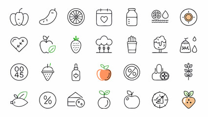 Nutrition set of web icons in line style. Healthy food linear icon collection. Containing food, vegetables, water, palm oil free, сaunt calories, zero trans fat, probiotics and more. Editable stroke.