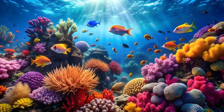 Vibrant underwater scene of a colorful reef with diverse marine life swimming among coral formations, marine life, colorful, diverse