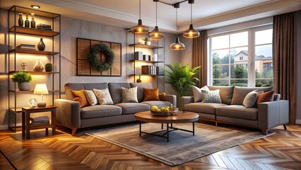 Cozy and stylish living room interior with comfortable furniture and warm lighting, cozy, stylish