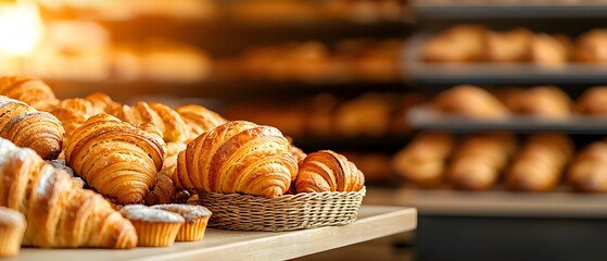 3D display case in a bakery setting, filled with freshly baked goods like croissants, baguettes, and muffins, evoking the warmth of a traditional bakery