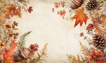 A painting of autumn leaves and pine cones with a white background