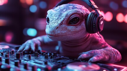 a half lizard, half human wearing headphones, playing on turntables, dj lizard, dj human, hybrid...