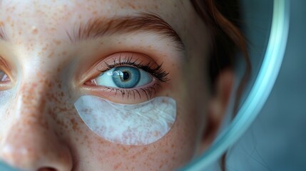 Undereye patches skincare and mirror of woman beauty and routine in morning dark circles and facial Treatment grooming and cleansing of skin proud and reflection of person and aestheti : Generative AI