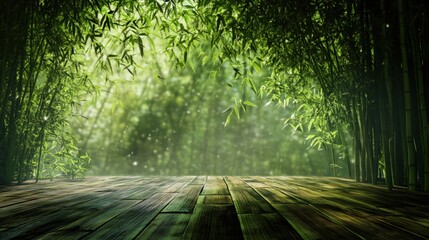Fototapeta premium Wooden plank floor in a bamboo forest with green bokeh background.