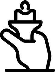 Simple line icon of a hand holding a burning candle, representing hope, remembrance, or faith