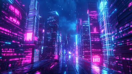 Neon-lit cityscape at night with reflective streets and towering skyscrapers