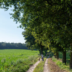 Woman Walks Dog Rural Countryside