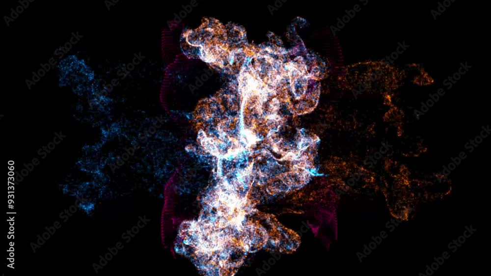 Poster abstract fluid collision blue and golden animation on a black background. golden and blue particles 