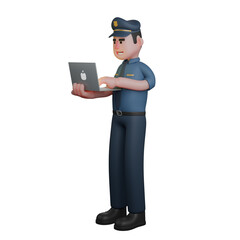 Male Police Professionalism in 3D. A police officer is using a laptop with focus. Law Enforcement Cartoon