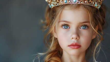 Fototapeta premium Egoistic girl wear luxury jewelry crown grey background copy space reward Child queen princess in crown horizontal poster design Banner header copy space : Generative AI