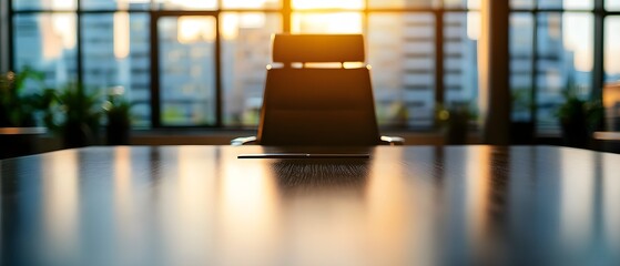 Elegant, shiny desk standing alone in the middle of an open office space, emphasizing its importance and the executive status it represents