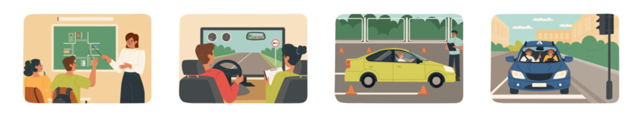 Different stages of education on driving lessons at school scene set