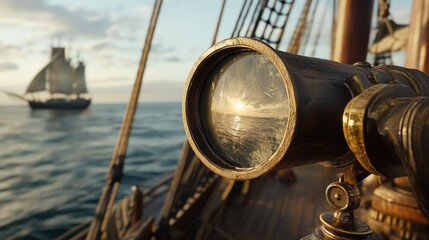 A sailor gazes through a spyglass, scanning the horizon for land, with a ship visible in the distance on the shimmering ocean