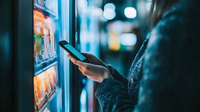 Cashless Digital Finance Person Using Digital Wallet at Vending Machine