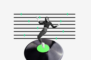 Composite photo collage of happy girl dance retro vinyl disk mixer console volume weekend relax dj...
