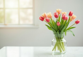 A vibrant bouquet of pink and peach tulips in a clear vase on a bright, minimalist table, perfect for decor, greeting cards, or spring-themed projects.