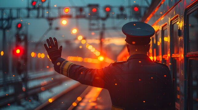 Railway Conductor Waving Goodbye as Train Departs at Sunset Platform - Powered by Adobe