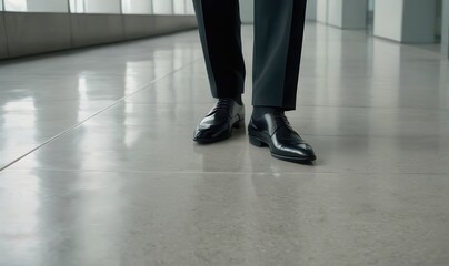 Fototapeta premium Elegantly dressed legs in polished shoes, standing on a modern floor. Ideal for business, finance, or corporate lifestyle themes.