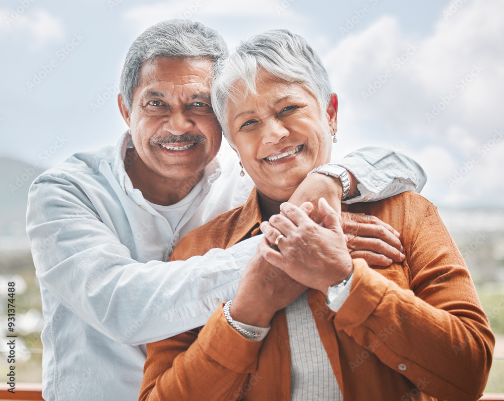 Poster Senior, couple and outdoor portrait with smile, love and embrace on balcony on retirement holiday. Elderly man, woman and hug with happy marriage, romance and travel vacation with bonding on terrace