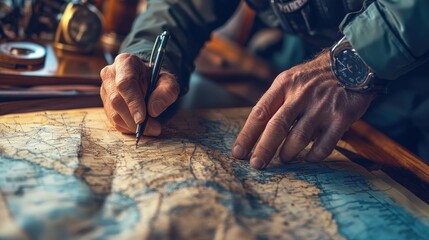 A sailor is focused on charting a course using a detailed nautical map, preparing for an adventurous journey on the water