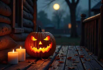 A spooky Halloween scene featuring a carved pumpkin, glowing candles, and falling leaves. Perfect for seasonal promotions, party invitations, or festive decor.