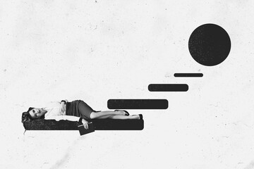Composite photo collage of unhappy businesswoman lay career ladder problem crisis recession...