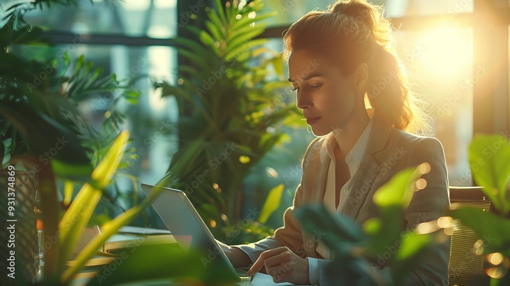 Poster a focused woman in business attire efficiently works on a tablet in a modern sunlit office space wit
