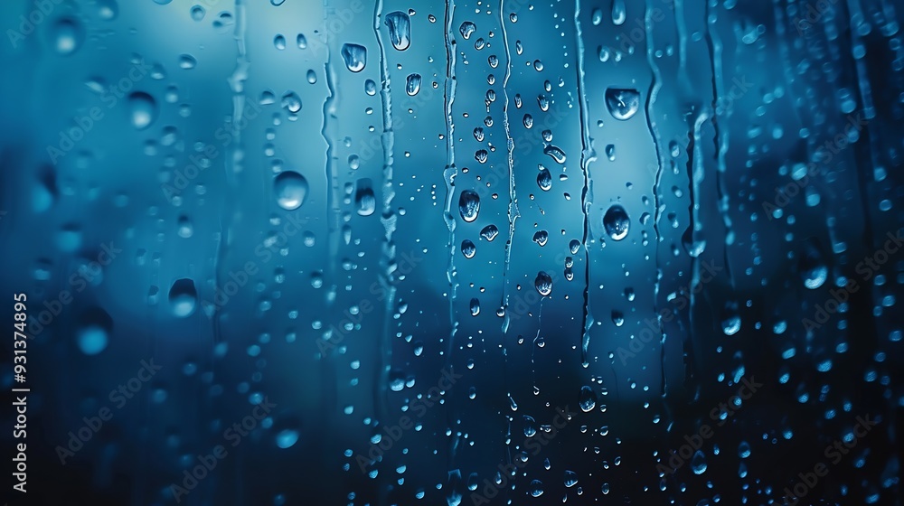 Aufkleber Rain drops on the window surface dark blue clouds visible through the rain Rainy background : Generative AI