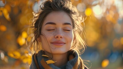 Fototapeta premium Caucasian woman with eyes closed smiling at the park in autumn : Generative AI