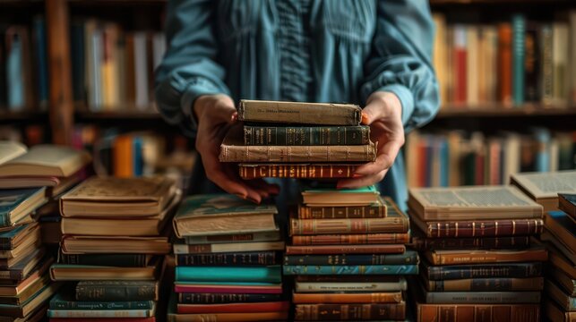 Closeup of a librarian's hands organizing books on Labor Day
