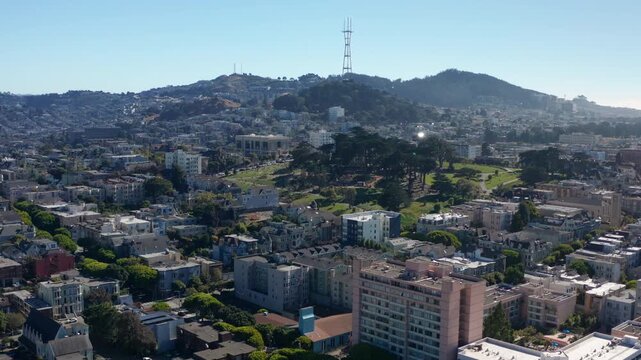 Flying towards Golden Gate Park with a view of the city and Sutro Tower