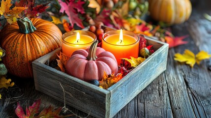 Autumnal home decor gift box, pumpkins, candles, fall foliage, with dried grasses 