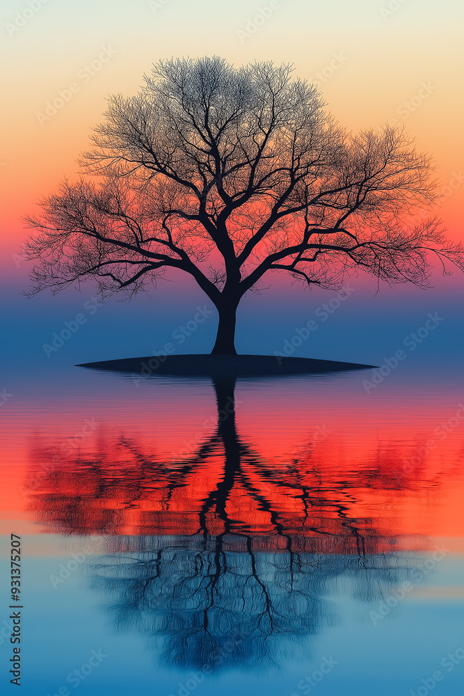 Poster a tree is reflected in the water, with the sky in the background. the image has a serene and peacefu