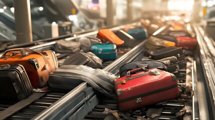 Fototapeta premium Conveyor Belt Overflowing with Unclaimed Luggage After Mishandling Incident