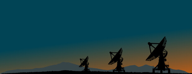 Vektor Silhouette - Radioteleskop mit Parabolspiegel beim Überwachen von Signalen und Radiofrequenzen im Weltall - Wissenschaft und Astronomie © fotografiedk