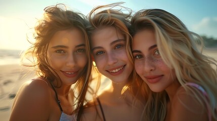 Fototapeta premium Portrait of three female friends looking at camera on the beach having fun : Generative AI