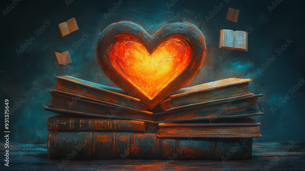 Poster a heart made of books is lit up with a flame. the books are stacked on top of each other, creating a