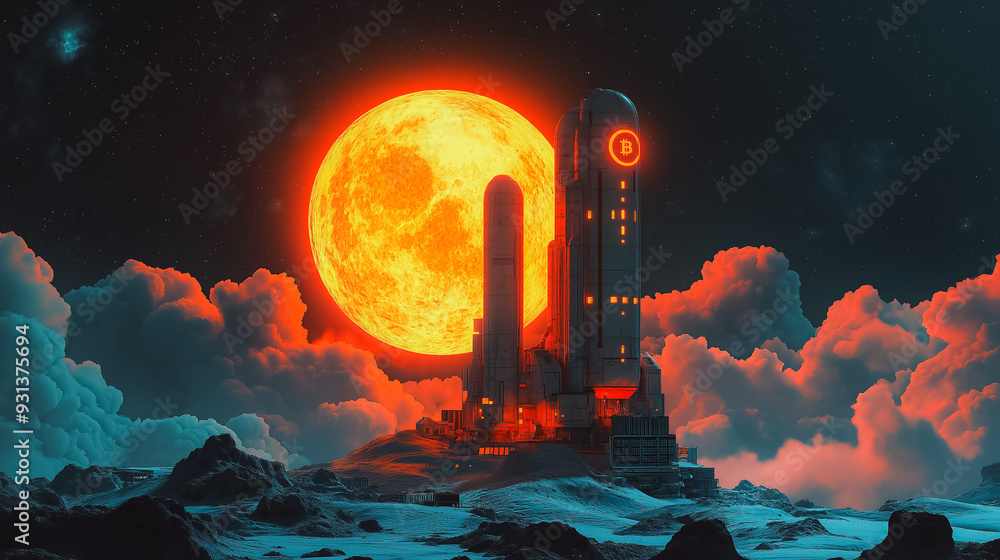 Aufkleber a red moon is in the sky above a building with a b on it. the building is surrounded by clouds and h